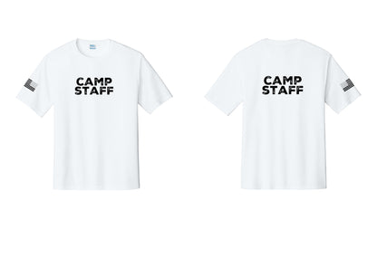 NYC Factory Camp Staff Performance T-Shirt (Rustic) - Front + Back + US Flag Sleeve - White