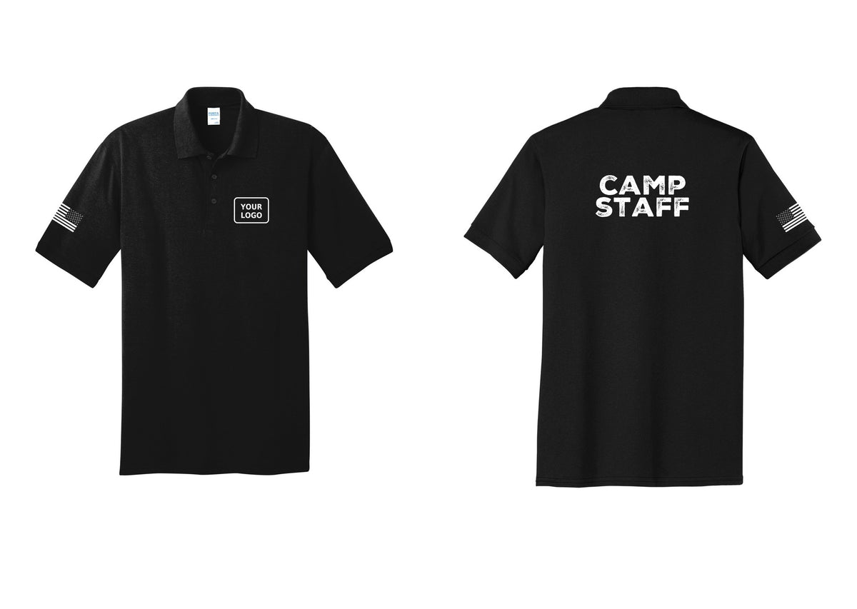 NYC Factory Custom Logo Camp Staff Polo Shirt (Rustic) - Your Logo + Back + US Flag Sleeve - Black