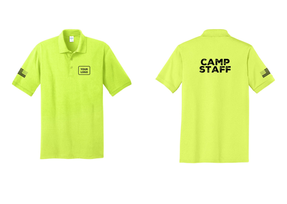 NYC Factory Custom Logo Camp Staff Polo Shirt (Rustic) - Your Logo + Back + US Flag Sleeve - Safety Green