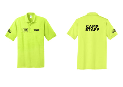 NYC Factory Custom Logo Camp Staff Polo Shirt (Rustic) - CAMP STAFF + Your Logo + Back + US Flag Sleeve - Safety Green
