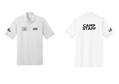 NYC Factory Custom Logo Camp Staff Polo Shirt (Rustic) - CAMP STAFF + Your Logo + Back + US Flag Sleeve - White