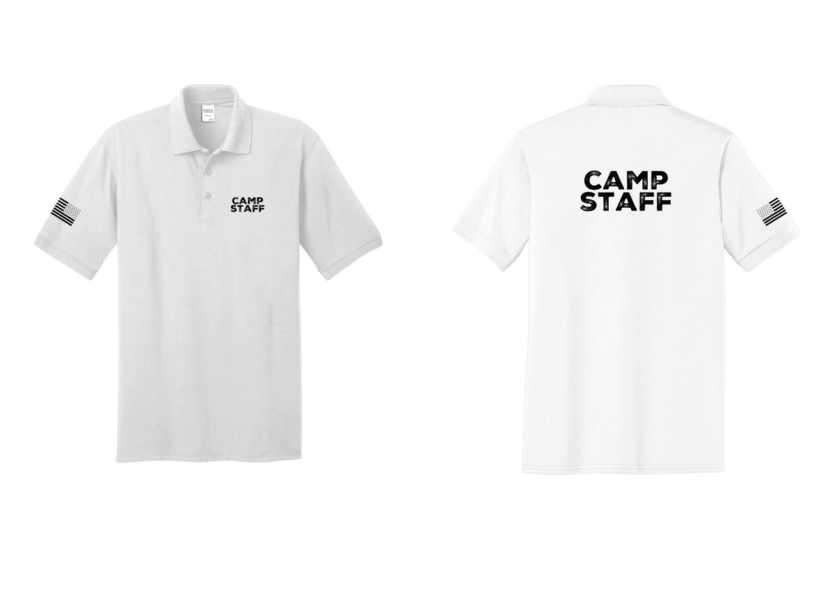 NYC Factory Camp Staff Polo Shirt (Rustic) - Chest + Back + US Flag Sleeve - White