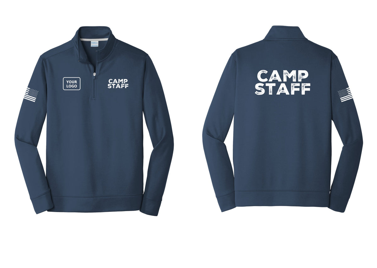 NYC Factory Custom Logo Camp Staff Performance Fleece 1/4-Zip Pullover Sweatshirt (Rustic) - CAMP STAFF + Your Logo + Back + US Flag Sleeve - Navy