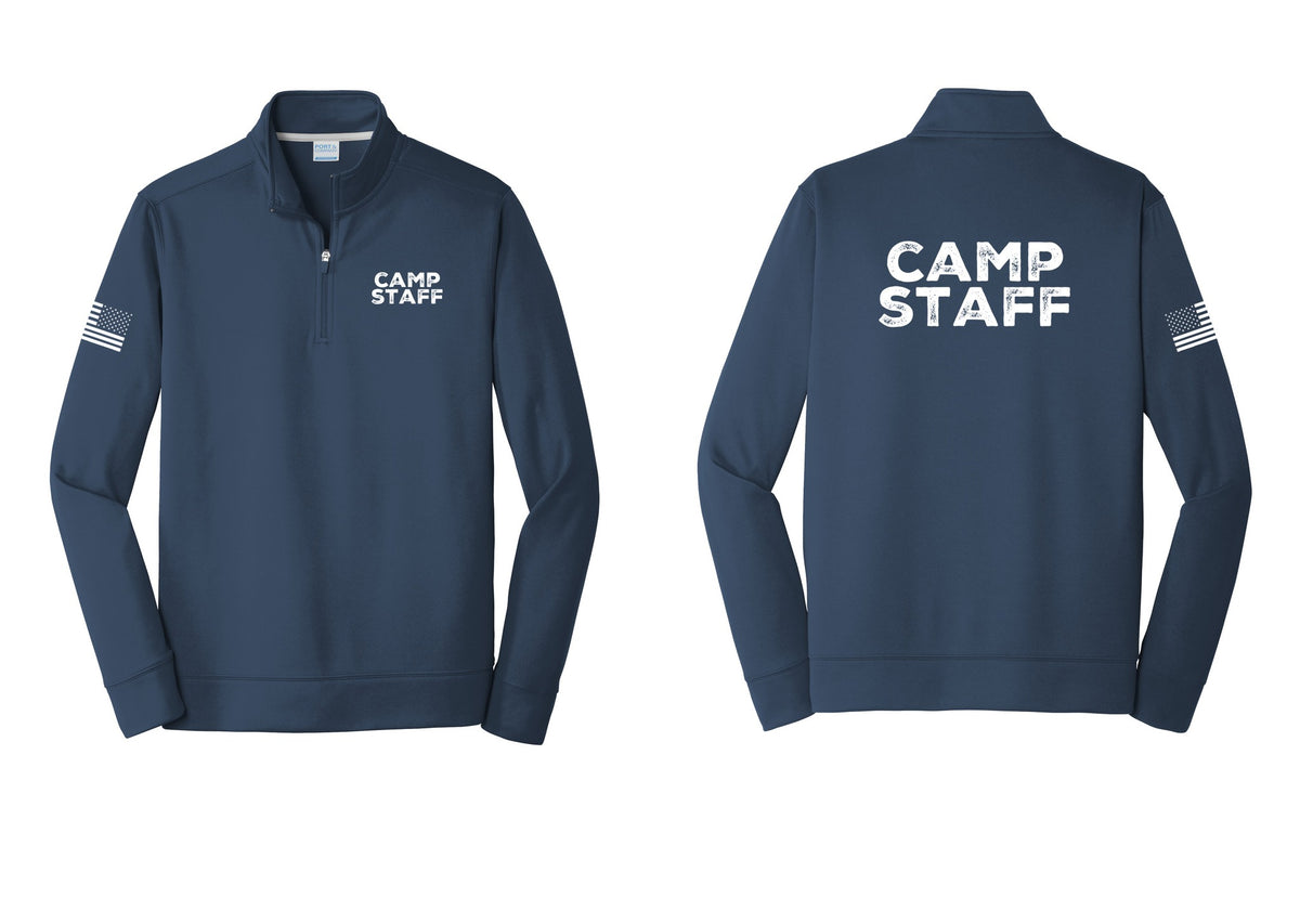 NYC Factory Camp Staff Performance Fleece 1/4-Zip Pullover Sweatshirt (Rustic) - Chest + Back + US Flag Sleeve - Navy