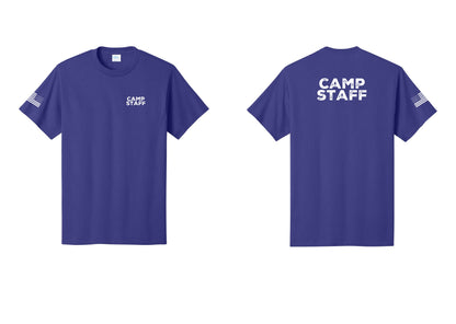 NYC Factory Unisex Camp Staff Charcoal T-Shirt - Chest + Back + US Flag Sleeve - Purple