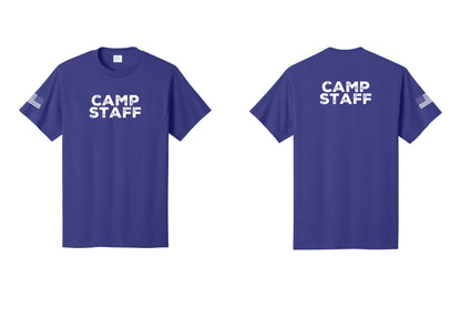 NYC Factory Camp Staff T-Shirt - Front + Back + US Flag Sleeve - Purple