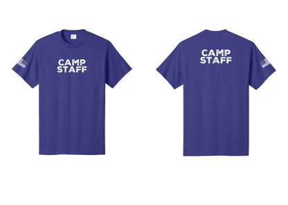 NYC Factory Unisex Camp Staff Charcoal T-Shirt - Front + Back + US Flag Sleeve - Purple