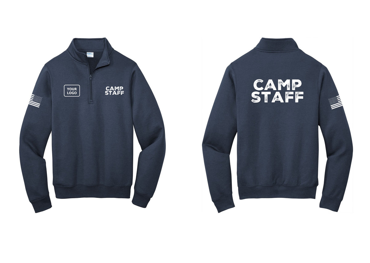 NYC Factory Custom Logo Camp Staff Cotton Fleece 1/4-Zip Pullover Sweatshirt (Rustic) - CAMP STAFF + Your Logo + Back + US Flag Sleeve - Navy