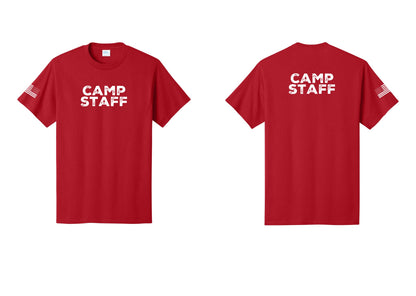 NYC Factory Camp Staff T-Shirt - Front + Back + US Flag Sleeve - Red