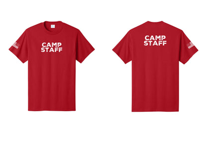NYC Factory Unisex Camp Staff Charcoal T-Shirt - Front + Back + US Flag Sleeve - Red