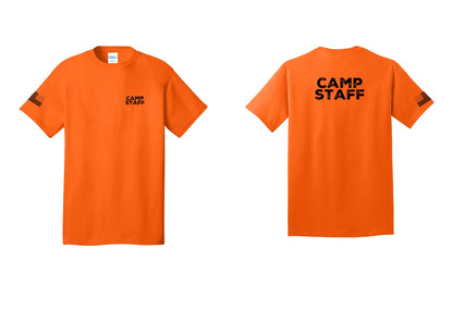 NYC Factory Unisex Camp Staff Charcoal T-Shirt - Chest + Back + US Flag Sleeve - Safety Orange
