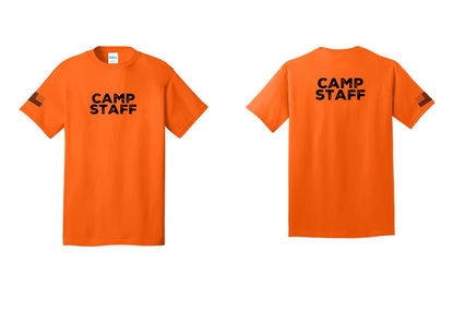 NYC Factory Unisex Camp Staff Charcoal T-Shirt - Front + Back + US Flag Sleeve - Safety Orange