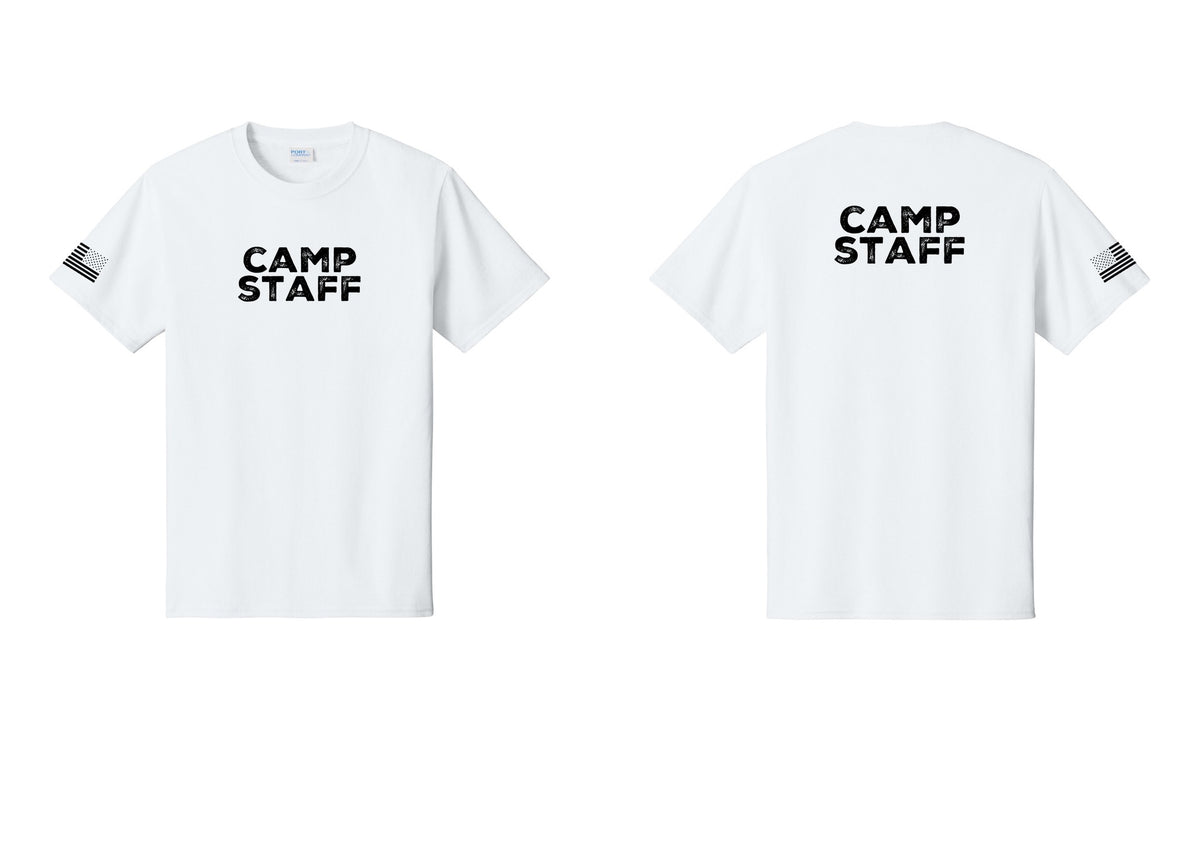 NYC Factory Unisex Camp Staff Charcoal T-Shirt - Front + Back + US Flag Sleeve - White