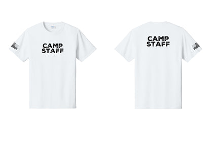 NYC Factory Unisex Camp Staff Charcoal T-Shirt - Front + Back + US Flag Sleeve - White