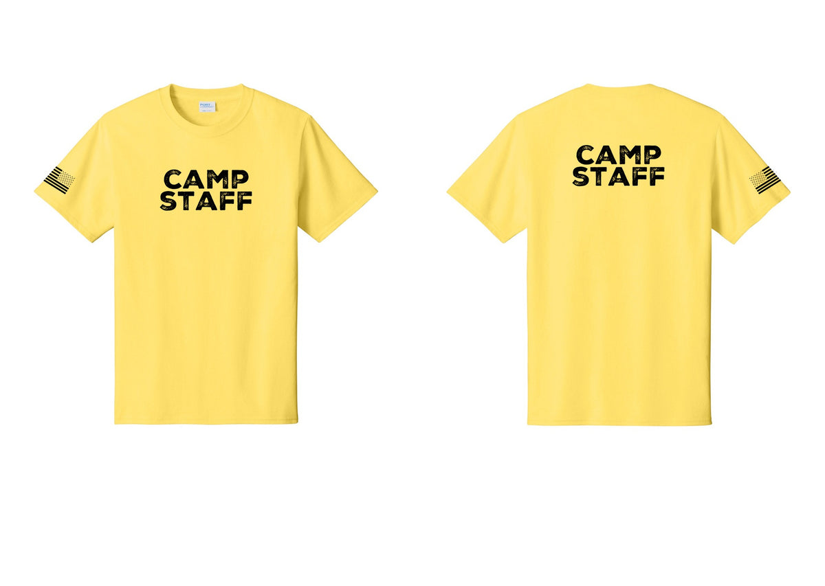 NYC Factory Camp Staff T-Shirt - Front + Back + US Flag Sleeve - Yellow