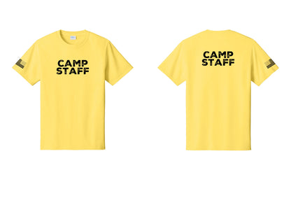 NYC Factory Camp Staff T-Shirt - Front + Back + US Flag Sleeve - Yellow
