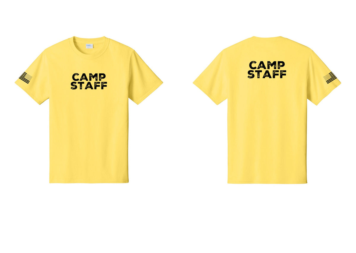 NYC Factory Unisex Camp Staff Charcoal T-Shirt - Front + Back + US Flag Sleeve - Yellow