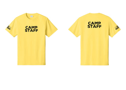 NYC Factory Unisex Camp Staff Charcoal T-Shirt - Front + Back + US Flag Sleeve - Yellow