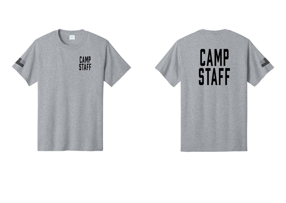 NYC Factory Unisex Camp Staff Classic T-Shirt - Chest + Back + US Flag Sleeve - Athletic Heather