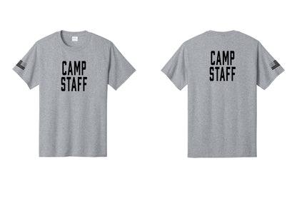NYC Factory Camp Staff T-Shirt, Condensed Lettering - Front + Back + US Flag Sleeve - Athletic Heather