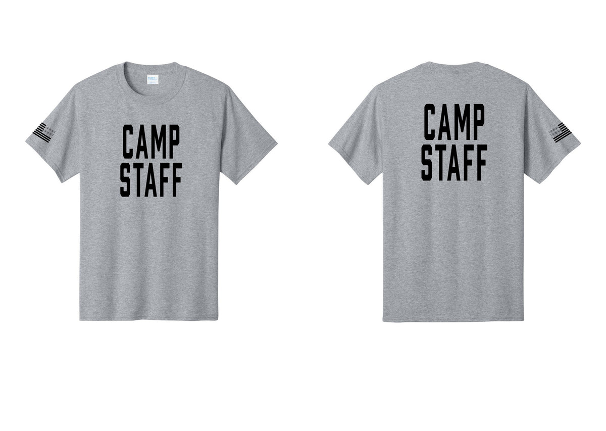 NYC Factory Unisex Camp Staff Classic T-Shirt - Front + Back + US Flag Sleeve - Athletic Heather