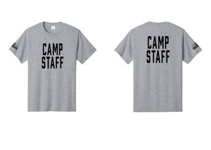 NYC Factory Unisex Camp Staff Classic T-Shirt - Front + Back + US Flag Sleeve - Athletic Heather
