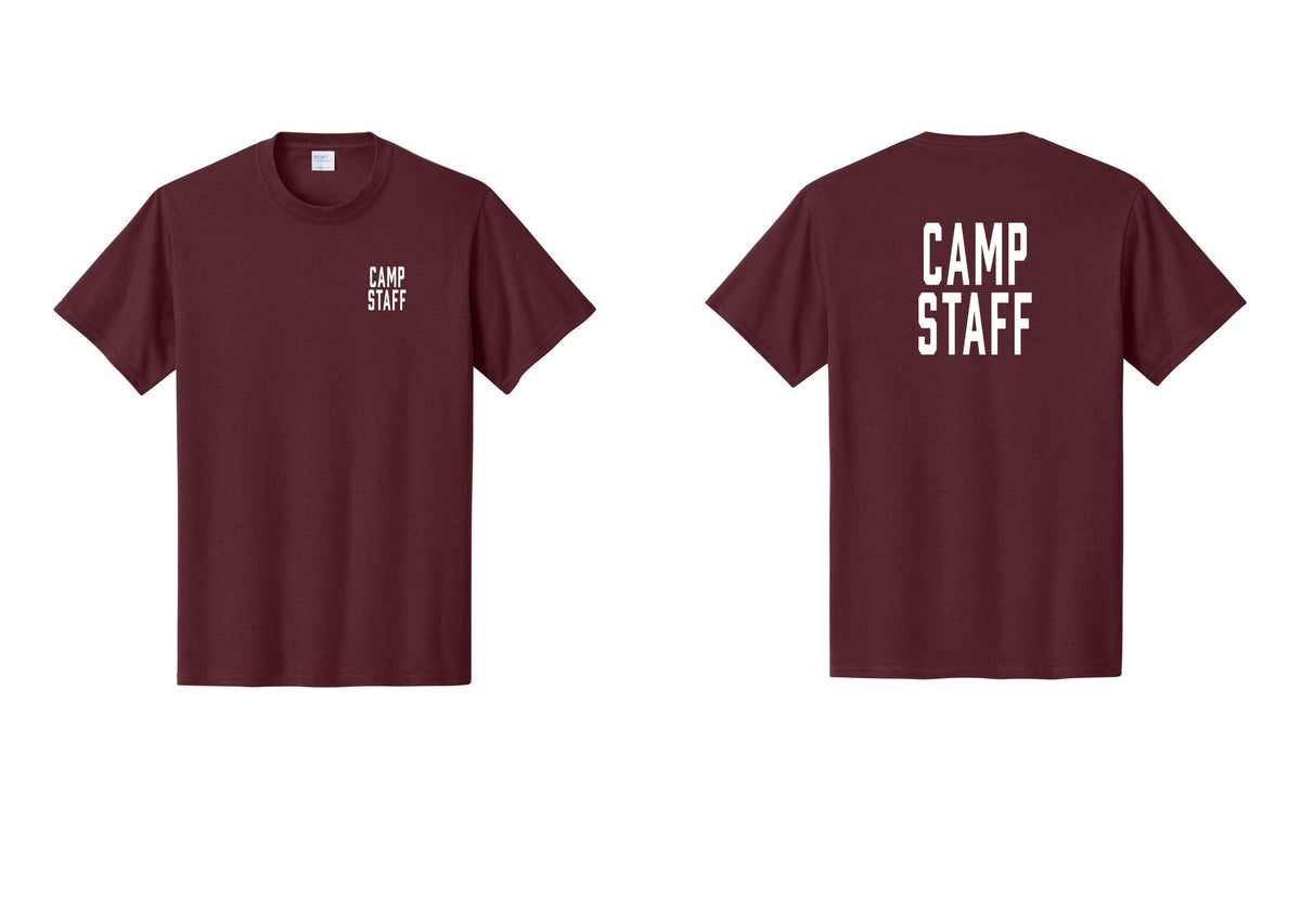 NYC Factory Camp Staff T-Shirt, Condensed Lettering - Chest + Back - Athletic Maroon