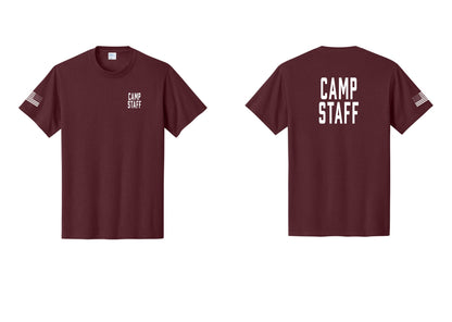 NYC Factory Camp Staff T-Shirt, Condensed Lettering - Chest + Back + US Flag Sleeve - Athletic Maroon