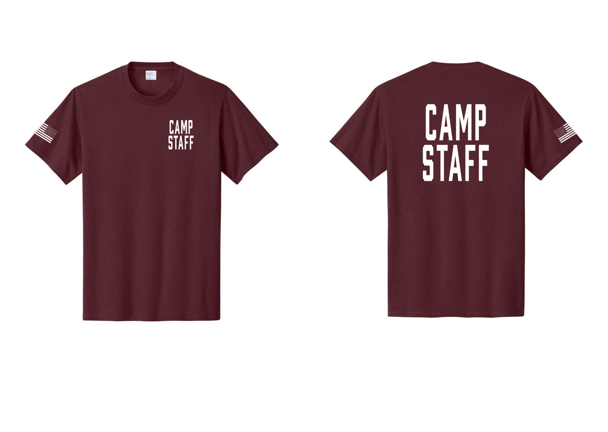 NYC Factory Unisex Camp Staff Classic T-Shirt - Chest + Back + US Flag Sleeve - Athletic Maroon
