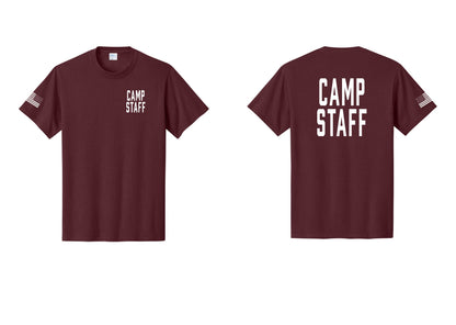 NYC Factory Unisex Camp Staff Classic T-Shirt - Chest + Back + US Flag Sleeve - Athletic Maroon