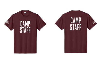 NYC Factory Unisex Camp Staff Classic T-Shirt - Front + Back + US Flag Sleeve - Athletic Maroon