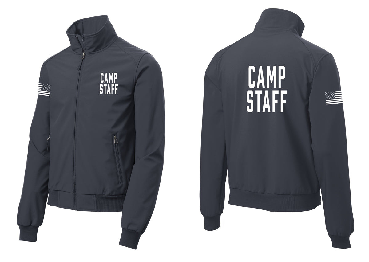 NYC Factory Camp Staff Soft Shell Bomber Jacket (Classic) - Chest + Back + US Flag Sleeve - Battleship Grey