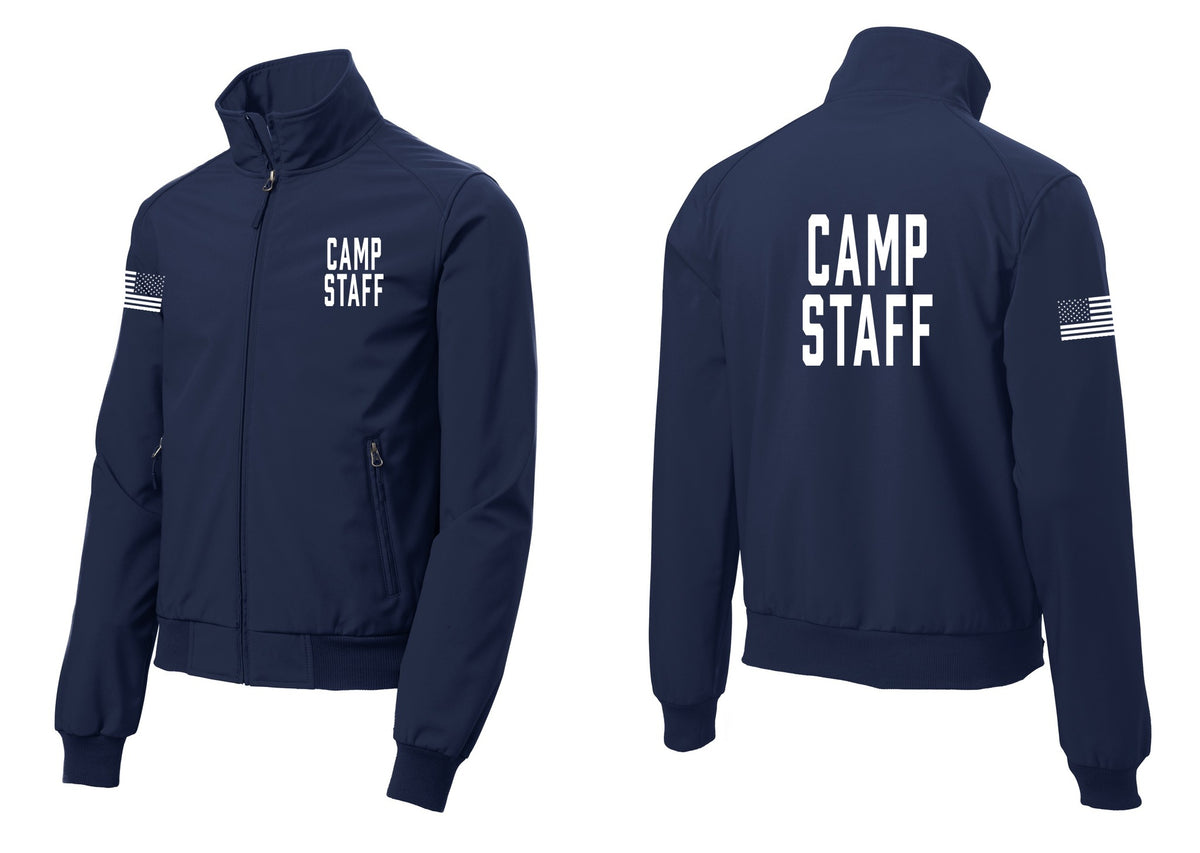 NYC Factory Camp Staff Soft Shell Bomber Jacket (Classic) - Chest + Back + US Flag Sleeve - Dress Blue Navy