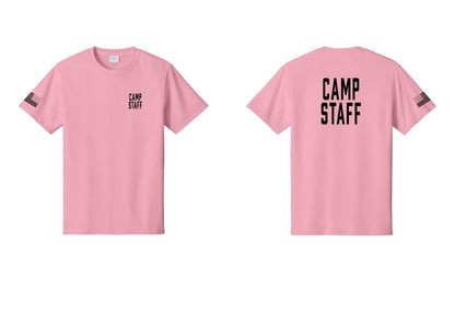 NYC Factory Camp Staff T-Shirt, Condensed Lettering - Chest + Back + US Flag Sleeve - Candy Pink