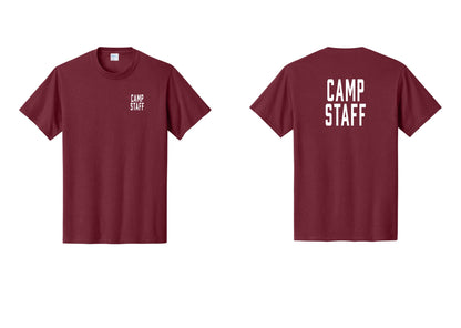 NYC Factory Camp Staff T-Shirt, Condensed Lettering - Chest + Back - Cardinal