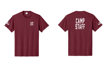 NYC Factory Camp Staff T-Shirt, Condensed Lettering - Chest + Back + US Flag Sleeve - Cardinal