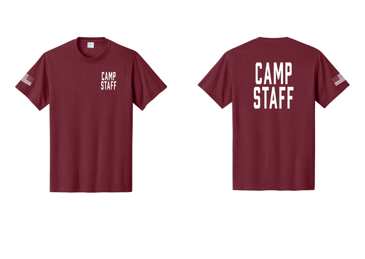 NYC Factory Unisex Camp Staff Classic T-Shirt - Chest + Back + US Flag Sleeve - Cardinal