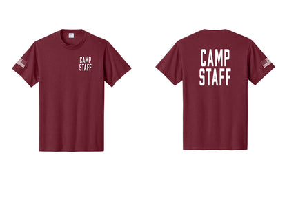 NYC Factory Unisex Camp Staff Classic T-Shirt - Chest + Back + US Flag Sleeve - Cardinal