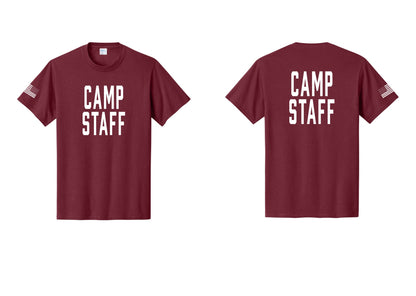 NYC Factory Unisex Camp Staff Classic T-Shirt - Front + Back + US Flag Sleeve - Cardinal