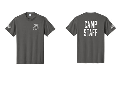 NYC Factory Unisex Camp Staff Classic T-Shirt - Chest + Back + US Flag Sleeve - Charcoal