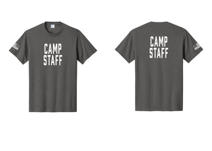NYC Factory Camp Staff T-Shirt, Condensed Lettering - Front + Back + US Flag Sleeve - Charcoal
