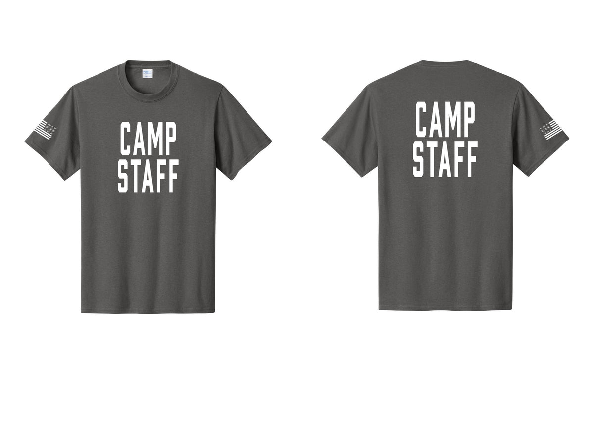 NYC Factory Unisex Camp Staff Classic T-Shirt - Front + Back + US Flag Sleeve - Charcoal
