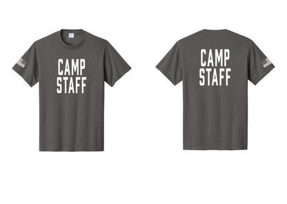 NYC Factory Unisex Camp Staff Classic T-Shirt - Front + Back + US Flag Sleeve - Charcoal