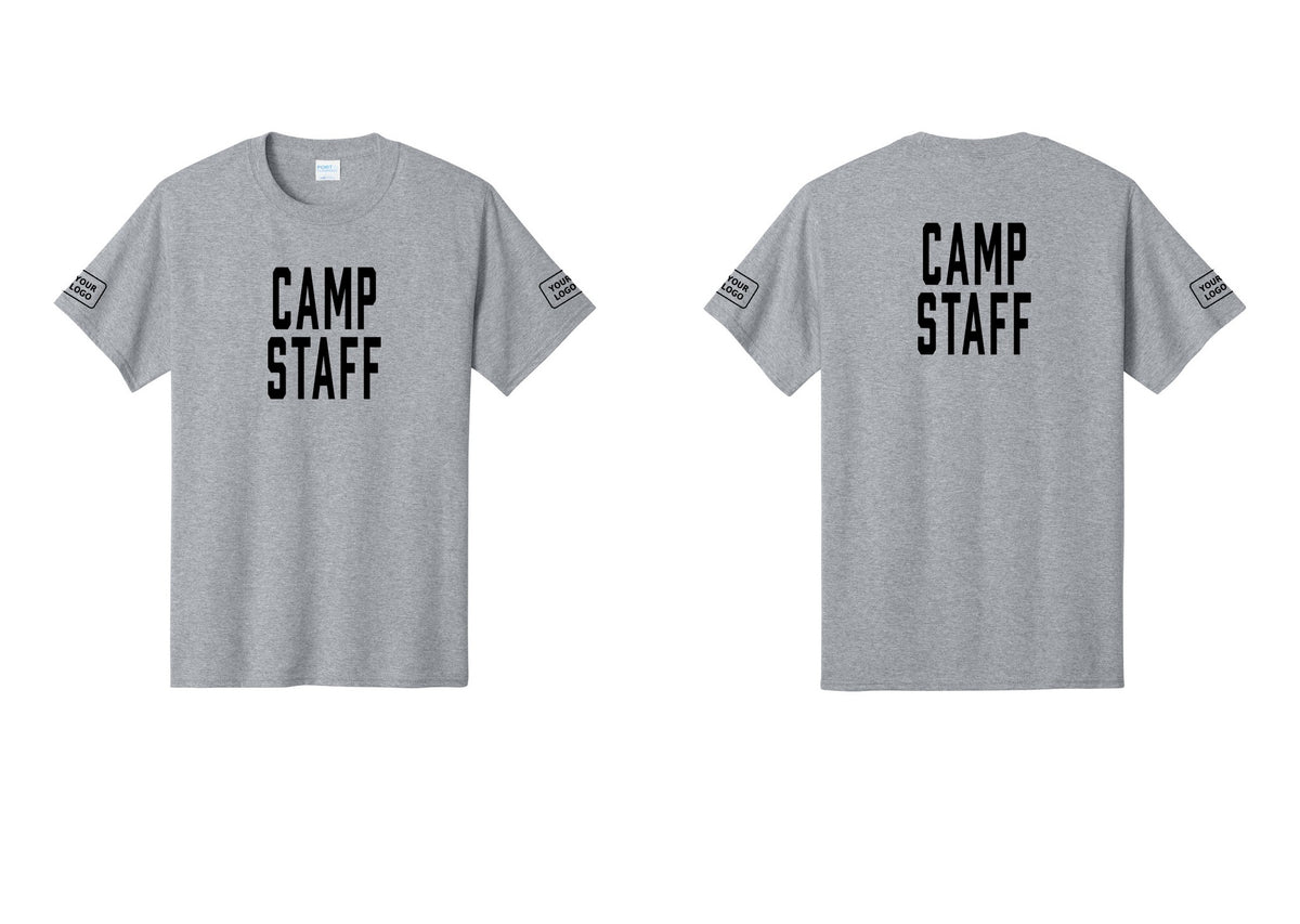 NYC Factory Custom Logo Camp Staff T-Shirt, Condensed Lettering - Front + Back + Your Logo Sleeves - Athletic Heather