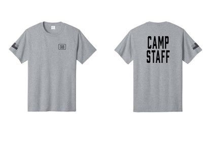 NYC Factory Unisex Custom Logo Camp Staff T-Shirt - Your Logo + Back + US Flag Sleeve - Athletic Heather