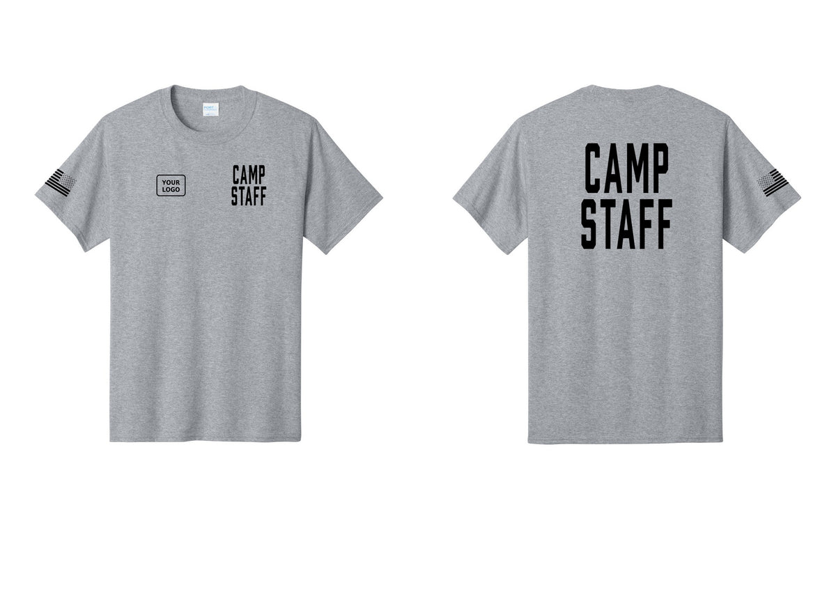 NYC Factory Unisex Custom Logo Camp Staff T-Shirt - CAMP STAFF + Your Logo + Back + US Flag Sleeve - Athletic Heather