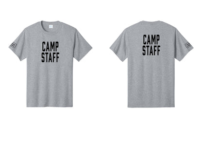 NYC Factory Custom Logo Camp Staff T-Shirt, Condensed Lettering - Front + Back + Your Logo Sleeve - Athletic Heather