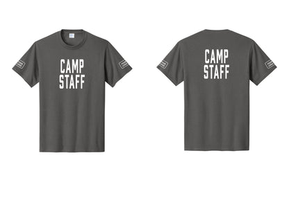 NYC Factory Custom Logo Camp Staff T-Shirt, Condensed Lettering - Front + Back + Your Logo Sleeves - Charcoal