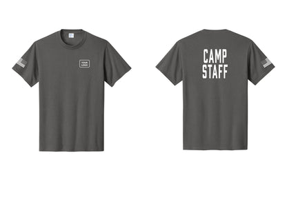 NYC Factory Custom Logo Camp Staff T-Shirt, Condensed Lettering - Your Logo + Back + US Flag Sleeve - Charcoal