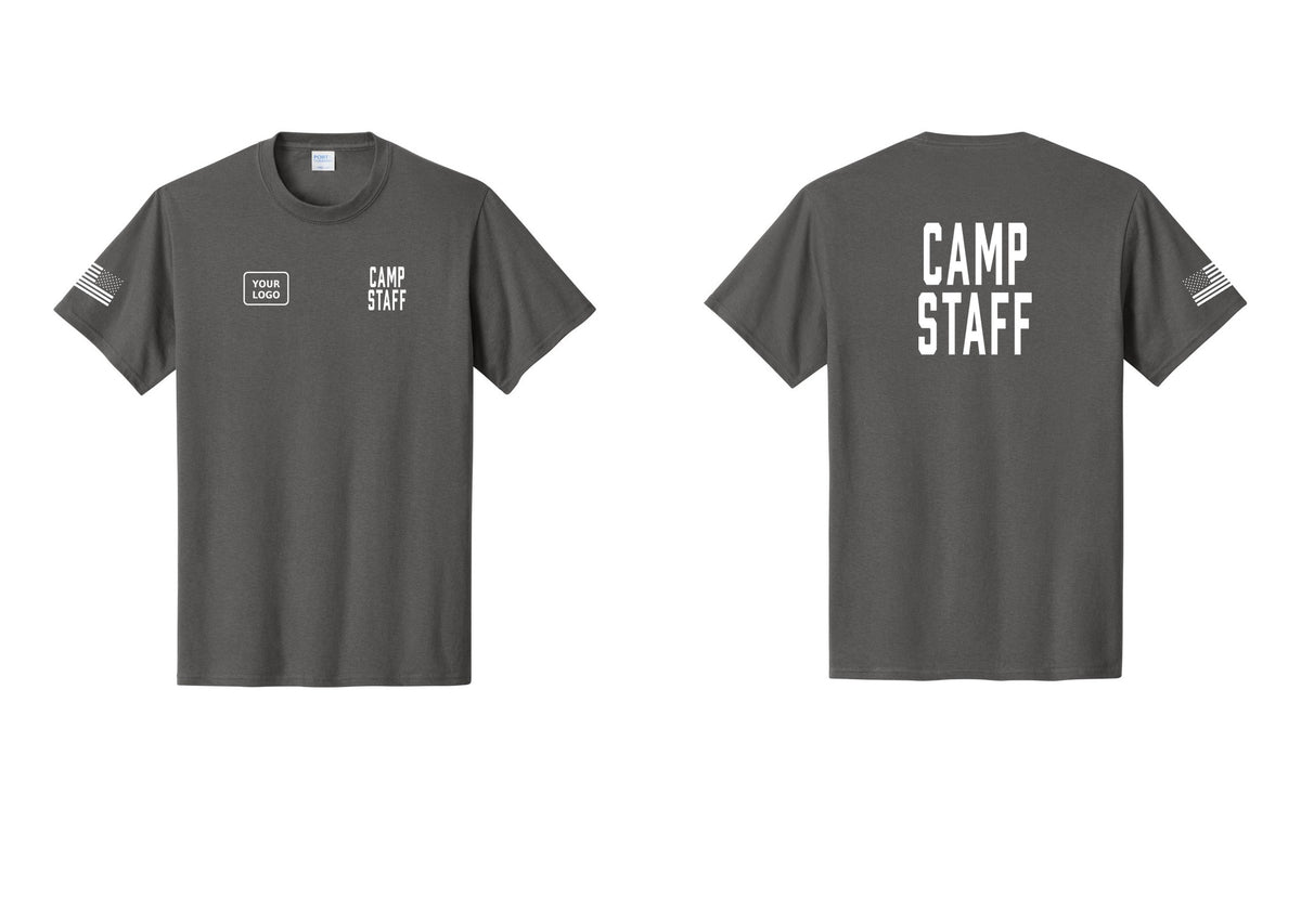 NYC Factory Custom Logo Camp Staff T-Shirt, Condensed Lettering - CAMP STAFF + Your Logo + Back + US Flag Sleeve - Charcoal